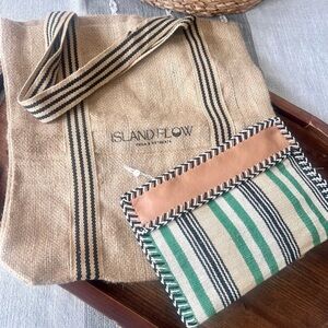 ISLAND FLOW Jute Tote with Striped Green & Black Clutch Eco Friendly Beach Boho